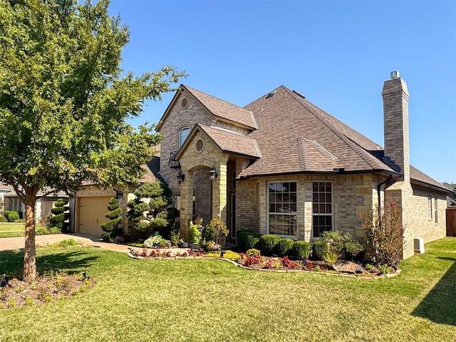 view of front of house featuring a front yard and a garage