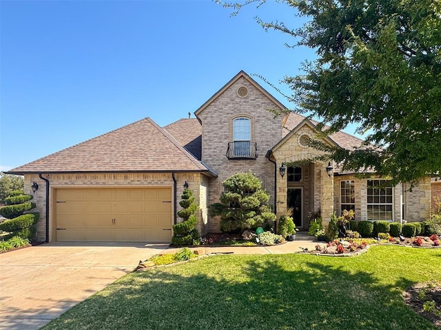 french country inspired facade featuring a garage and a front yard