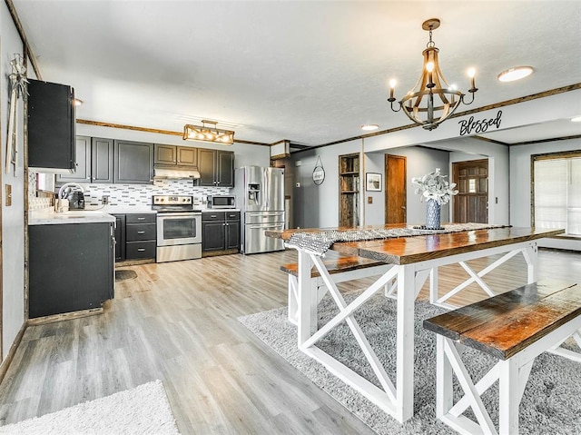 kitchen featuring pendant lighting, decorative backsplash, light wood-type flooring, ornamental molding, and appliances with stainless steel finishes