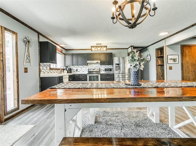 kitchen featuring decorative backsplash, plenty of natural light, stainless steel appliances, and ornamental molding