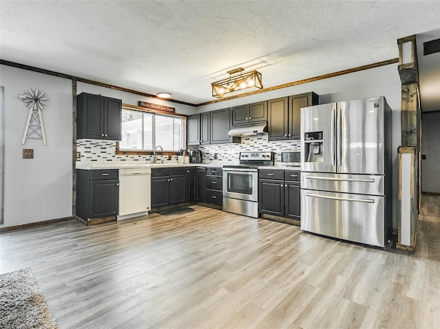 kitchen with backsplash, crown molding, light hardwood / wood-style flooring, and stainless steel appliances