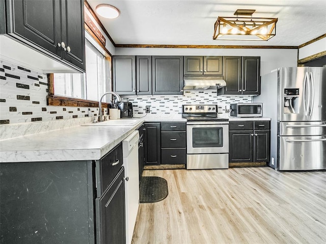 kitchen with crown molding, sink, appliances with stainless steel finishes, tasteful backsplash, and light hardwood / wood-style floors