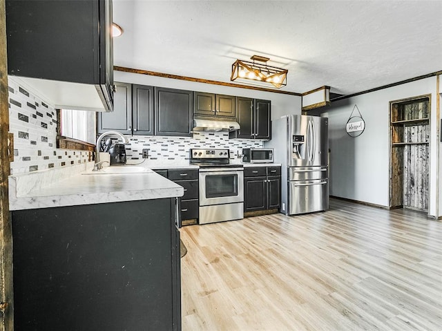 kitchen featuring sink, stainless steel appliances, backsplash, crown molding, and light hardwood / wood-style floors