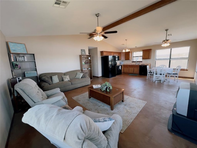 living room with ceiling fan, concrete floors, and vaulted ceiling with beams