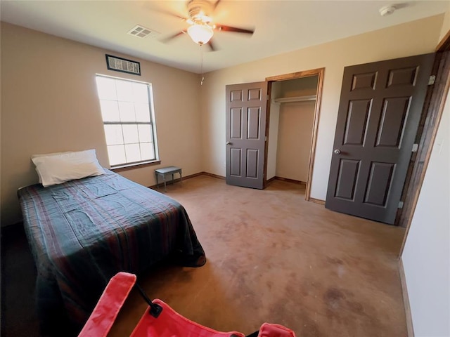 bedroom with light colored carpet and ceiling fan