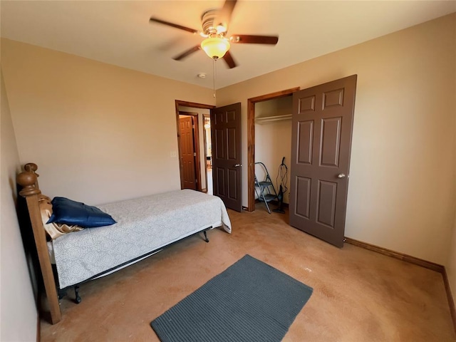 bedroom with carpet floors, a closet, and ceiling fan