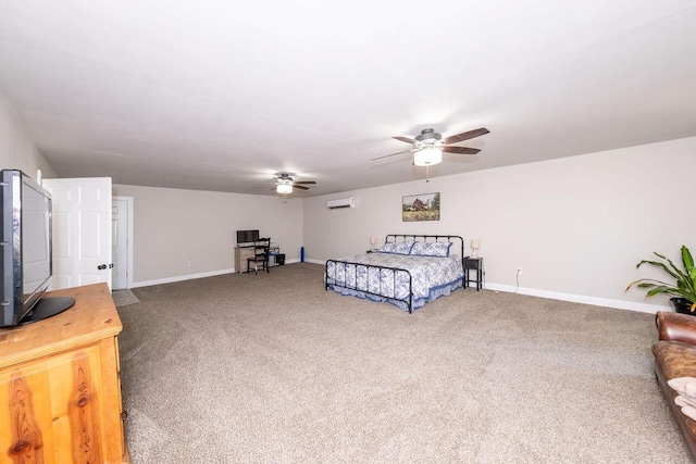 carpeted bedroom with ceiling fan and an AC wall unit