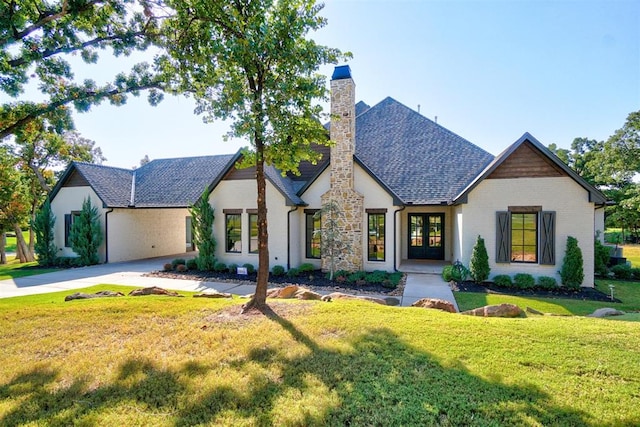 view of front of home featuring french doors and a front lawn