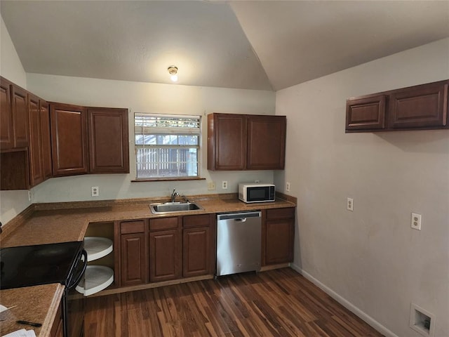 kitchen featuring dark hardwood / wood-style flooring, vaulted ceiling, sink, black range, and dishwasher