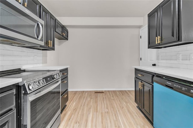 kitchen with backsplash, light hardwood / wood-style flooring, and appliances with stainless steel finishes