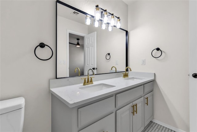 bathroom with vanity, toilet, and ceiling fan