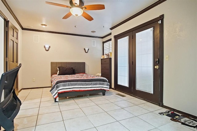 bedroom with ceiling fan, ornamental molding, and light tile patterned floors