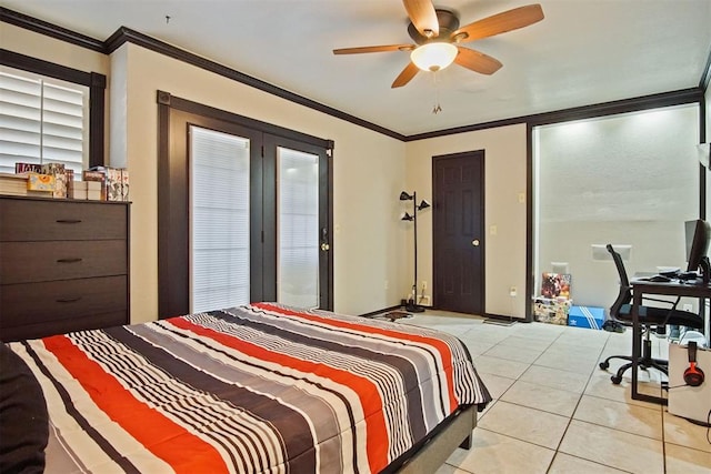 tiled bedroom with ceiling fan and crown molding