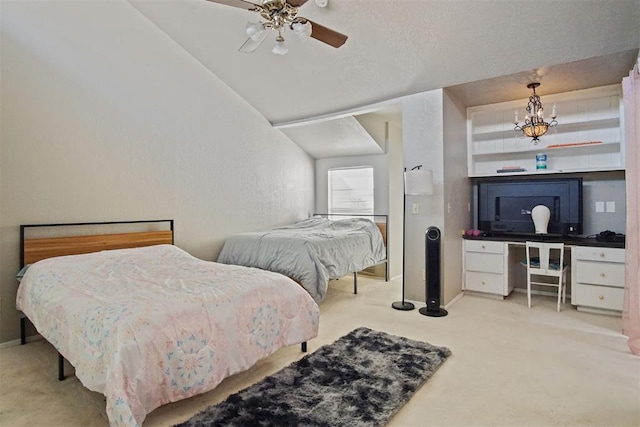 bedroom featuring lofted ceiling, light colored carpet, ceiling fan, and a textured ceiling