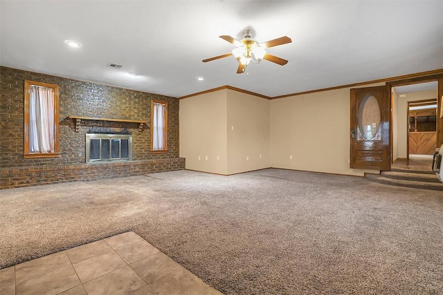 420 W 8th St, Cordell, OK 73632 - unfurnished living room featuring carpet, a ceiling fan, tile patterned flooring, ornamental molding, and recessed lighting