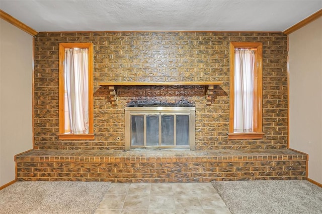 unfurnished living room featuring a textured ceiling, carpet floors, a brick fireplace, and ornamental molding