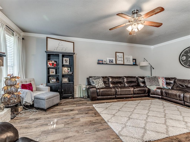 living room with crown molding, ceiling fan, wood-type flooring, and a textured ceiling