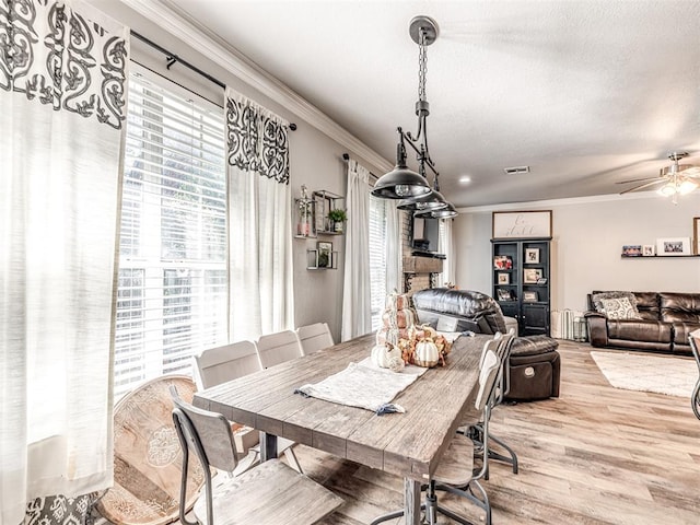 dining space featuring ceiling fan, ornamental molding, a textured ceiling, and light hardwood / wood-style flooring