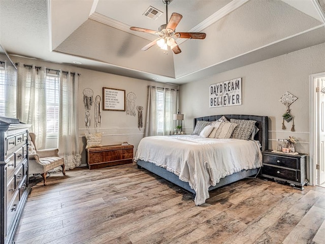 bedroom featuring a tray ceiling, multiple windows, and ceiling fan