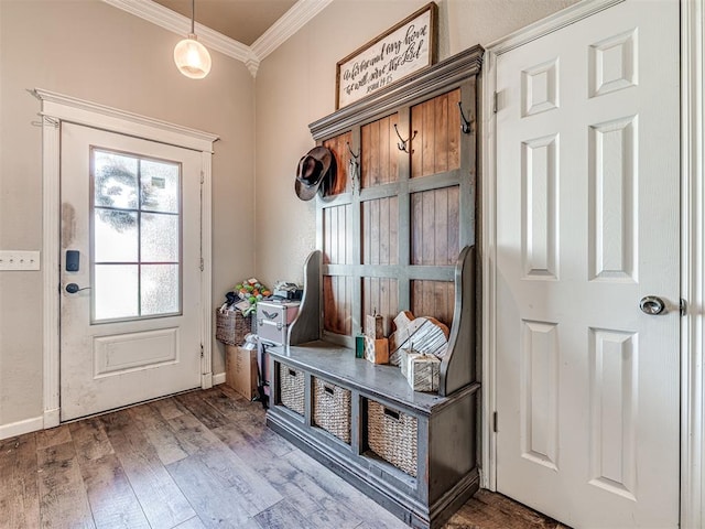 mudroom featuring hardwood / wood-style flooring and ornamental molding