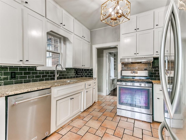 kitchen featuring white cabinets, appliances with stainless steel finishes, and pendant lighting