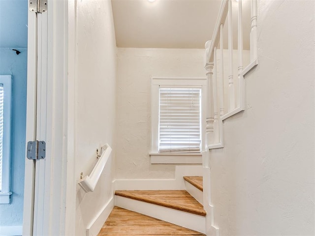 stairway featuring hardwood / wood-style flooring