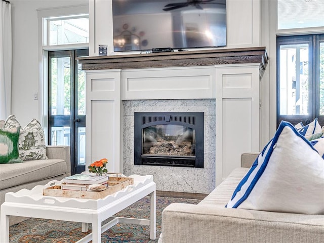 interior space with hardwood / wood-style floors and a premium fireplace