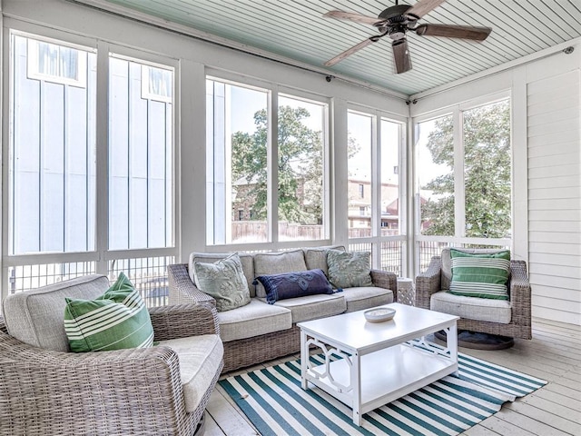 sunroom / solarium with ceiling fan and wooden ceiling