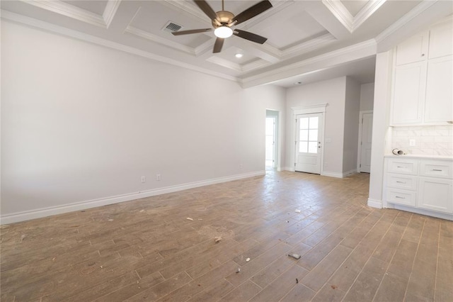 unfurnished room featuring visible vents, baseboards, ceiling fan, light wood-type flooring, and coffered ceiling