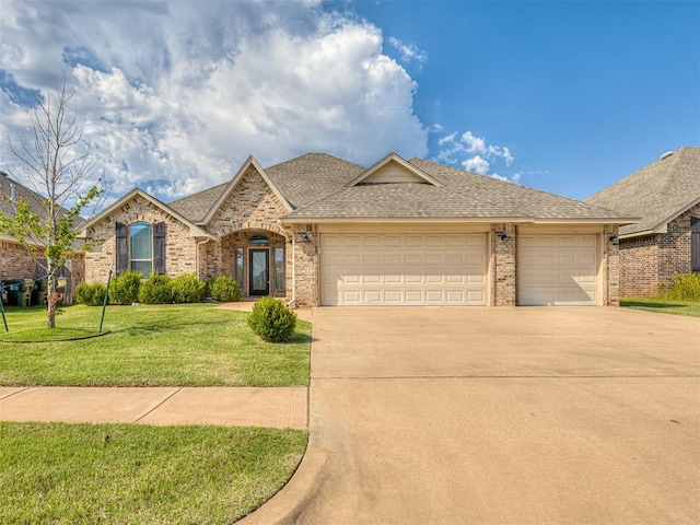 ranch-style home with a front lawn and a garage