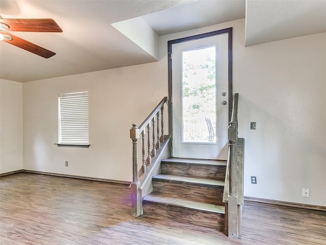 staircase with hardwood / wood-style flooring and ceiling fan