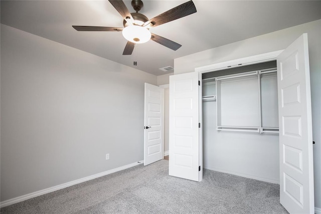 9309 Cheek Ranch Rd, Yukon, OK 73099 - unfurnished bedroom featuring ceiling fan, visible vents, carpet floors, baseboards, and a closet