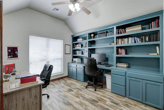 office with light wood-type flooring, vaulted ceiling, and ceiling fan