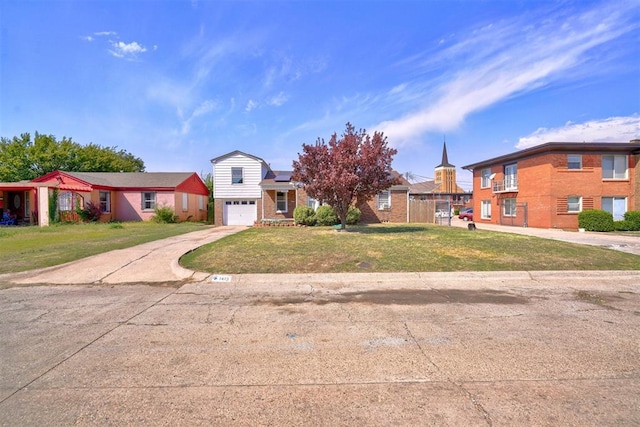 1413 Reding Dr, Oklahoma City, OK 73119 - view of front facade featuring driveway, roof mounted solar panels, a front yard, a garage, and brick siding