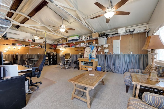 carpeted office featuring electric panel, ceiling fan, and lofted ceiling