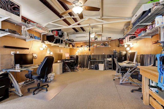 home office with ceiling fan and lofted ceiling