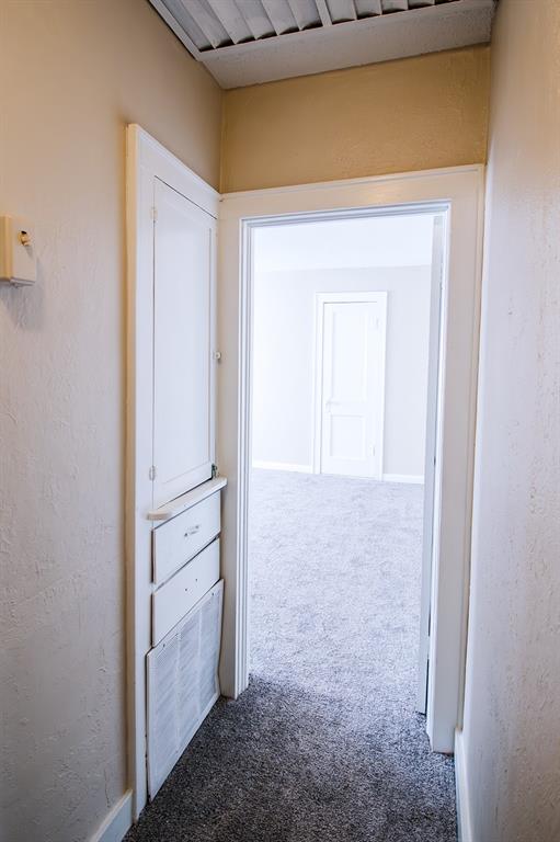 hallway with carpet floors