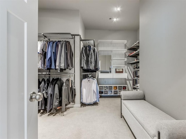 walk in closet featuring carpet flooring