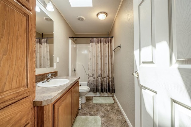 full bathroom with a skylight, tile patterned floors, shower / bath combination with curtain, toilet, and vanity