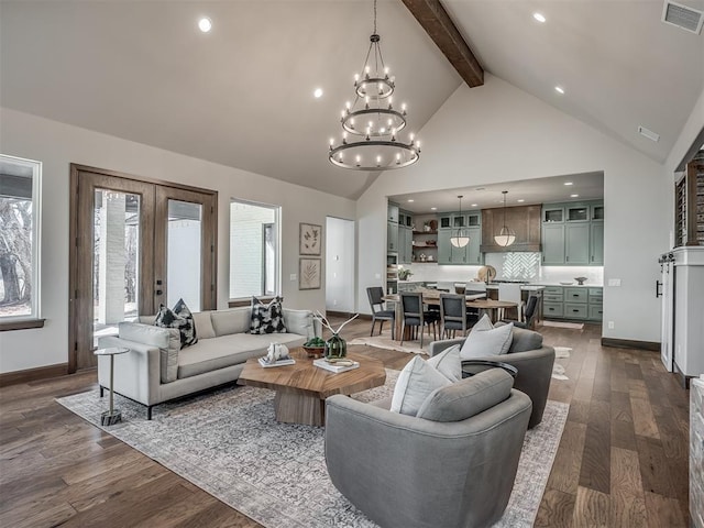 living area featuring dark wood-style floors, visible vents, high vaulted ceiling, french doors, and beamed ceiling