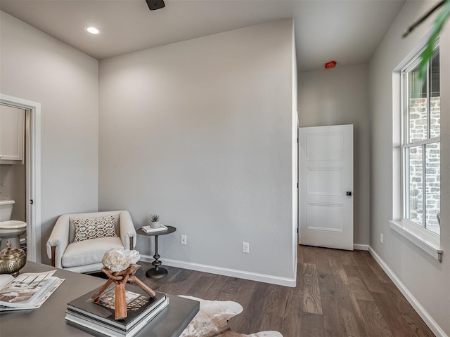 sitting room featuring recessed lighting, wood finished floors, baseboards, and ceiling fan