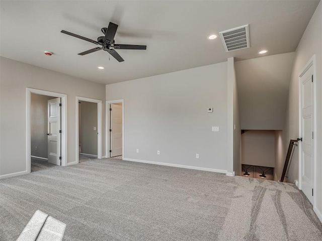 unfurnished bedroom with visible vents, a ceiling fan, recessed lighting, carpet flooring, and baseboards