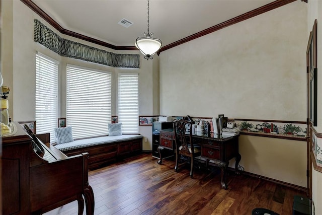 office featuring crown molding and dark wood-type flooring