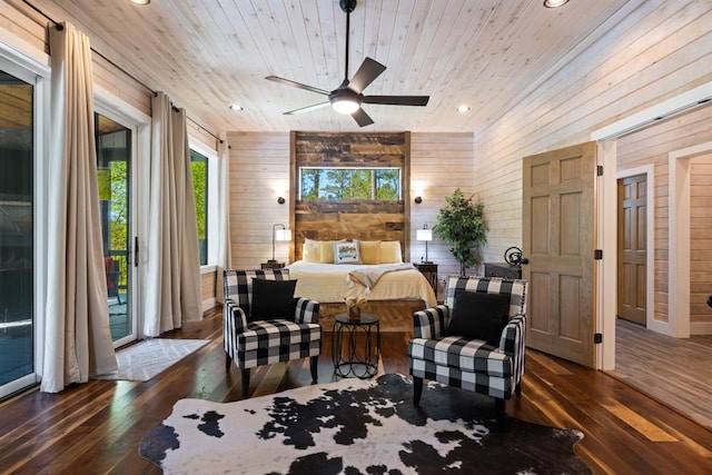 bedroom with access to exterior, wood ceiling, ceiling fan, dark wood-type flooring, and wood walls