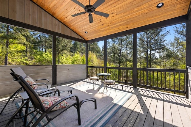 sunroom featuring ceiling fan, wooden ceiling, and lofted ceiling