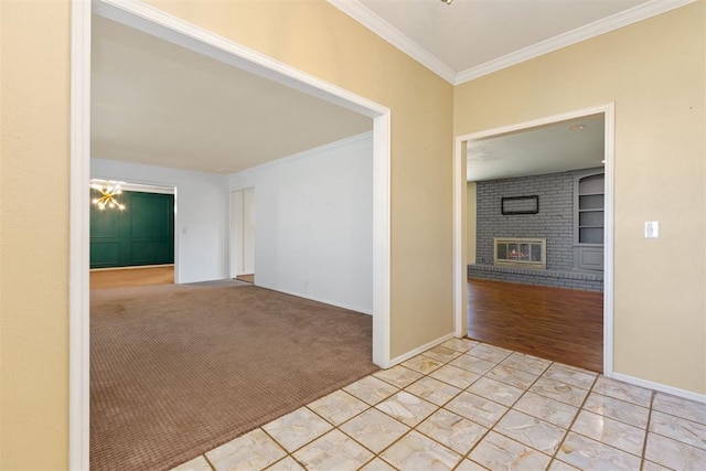 unfurnished room with light carpet, a fireplace, and ornamental molding