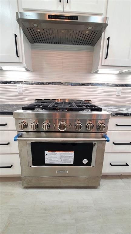 details with white cabinets, ventilation hood, backsplash, and high end stainless steel range