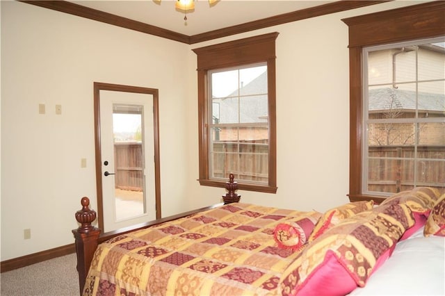 bedroom featuring carpet and crown molding