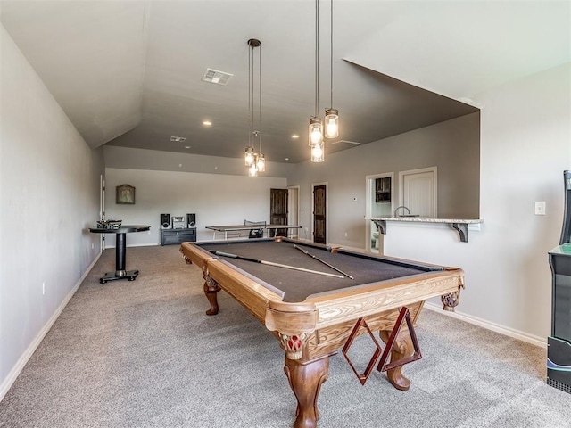 playroom with lofted ceiling, light carpet, and pool table