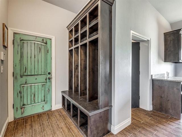 mudroom featuring dark wood-type flooring